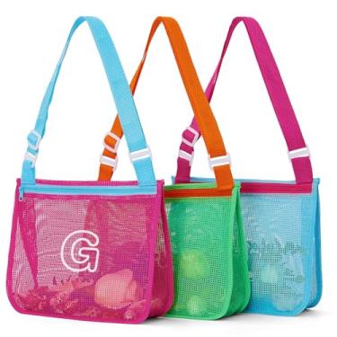 Imagem de 3 unidades de bolsas de concha impressas em alfabeto, leves e dobráveis para brinquedos de praia com alças ajustáveis, à prova d'água e portátil para piscina e praia essenciais - G