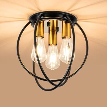 Imagem de 3 luzes industriais de teto preto dourado semi embutido luzes de montagem perto de luminárias de teto, design de gaiola, iluminação de teto de casa de fazenda para cozinha, quarto, banheiro, hall de