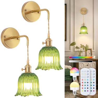 Imagem de Arandela de parede operada por bateria com controle remoto, recarregável regulável, conjunto de 2, corrente ajustável, sem fio, para uso interno, 12 cores, RGB para sala de estar e quarto