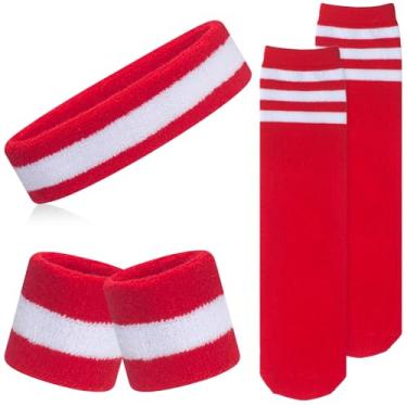 Imagem de ONUPGO Conjunto de 5 peças de meias para crianças – faixa de cabeça esportiva, pulseiras, meias altas listradas para crianças, jovens, crianças pequenas e bebês – futebol, basquete, corrida, ciclismo