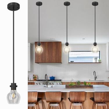 Imagem de diisunbihuo Luminária pendente moderna de vidro preto, luminária suspensa com cordão ajustável para cozinha da ilha, 1 lâmpada pendente de cilindro de vidro transparente para entrada, sala de estar
