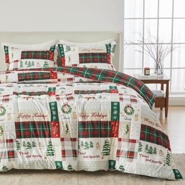 Imagem de Great Bay Home Conjunto de edredom de Natal tamanho casal/queen - conjunto de edredom alternativo de 3 peças - reversível, leve e ultramacio (patchwork de férias)