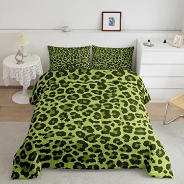 Imagem de Homewish Conjunto de edredom com estampa de leopardo verde, tamanho casal, conjunto de cama de guepardo, 3 peças, para decoração de quarto de crianças, adolescentes e adultos, conjunto de edredom