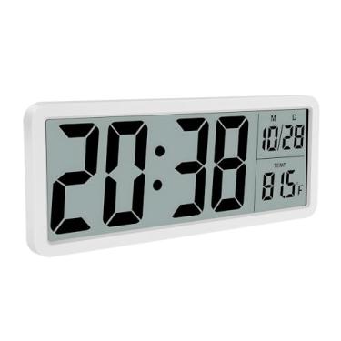 Imagem de Relógio de parede digital silencioso com visor de temperatura, versátil dois modos de energia, relógio de tela LCD grande de 20 cm com 12/24H, montado, para escritório, quarto, sala de estar (branco)