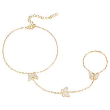 Imagem de Emibele Pulseiras de ouro para mulheres, corrente de mão banhada a ouro 18 K, pulseira de aço inoxidável de zircônia cúbica não manchada com anel de dedo, joia ajustável moderna presente para mulheres