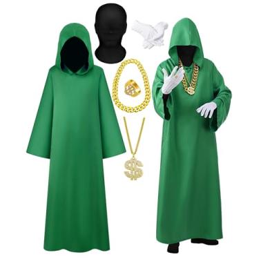 Imagem de Croloose 6 Pcs Halloween Full Face Wizard Costume Hip Hop Rapper Costume Accessories Robe Mask Glove Chain Outfit for Cosplay(Green)