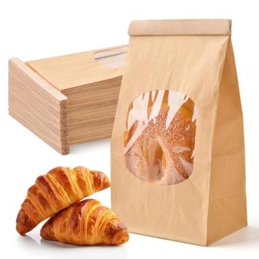 Imagem de Rovexin 50 sacos de padaria com janela, 11 x 6 x 23 cm, sacos de biscoitos marrons de papel kraft, trava de aba de gravata de lata para grãos de café, biscoitos, petiscos, lanche