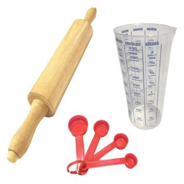 Imagem de Kit Rolo Para Massa, Pão Madeira 23cm, Copo e Colher Medidor - INJETEM