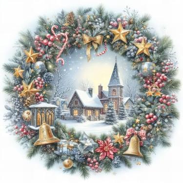 Imagem de Arte de parede de cena de inverno de Natal, guirlanda de férias tradicional com pinhas, bagas, vila nevada, decalque decorativo de parede (guirlanda verde clássica)