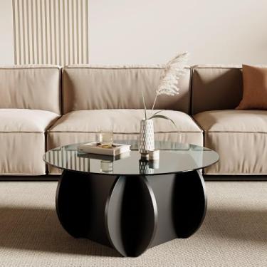 Imagem de Honyee Mesa de centro redonda de vidro, mesa de centro pequena de 78 cm com tampo de vidro temperado e base de grão de madeira, mesa de centro circular moderna para sala de estar, fácil montagem