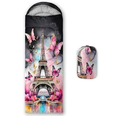 Imagem de QOOMO Sacos de dormir à prova d'água Torre Eiffel para adultos e crianças, sacos de dormir impressos para acampamento, clima quente e frio, viagens e ao ar livre, equipamentos de acampamento, 78 x 228