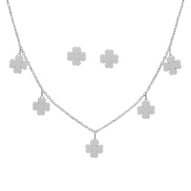 Imagem de Tazamcas, Conjunto Feminino de Colar Choker e Brinco Aço Inox de Trevo 4 folhas -Hipoalergênico - Presente para adolescente menina