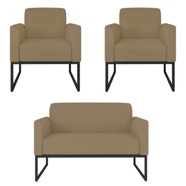 Imagem de Kit Namoradeira e 2 Poltronas Decorativas Base Industrial Preta Maressa S12 Suede Marrom Rato - Ibiza