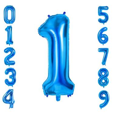Imagem de Balões número 1 para decorações de festa de 1º aniversário, 0-100 balões grandes nº 1 para meninas, meninos e filhas, balão de hélio azul escuro de 101 cm para decorações de aniversário de 1 ano