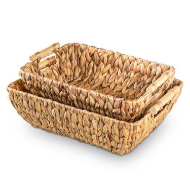Imagem de Mowtanco Cestas de armazenamento de tecido – Conjunto de 2 cestas de vime de jacinto de água tecidas à mão com alças de madeira para organização, cestas decorativas para banheiro, decoração de casa