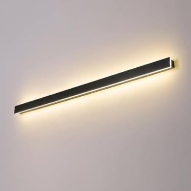 Imagem de Luminária de parede linear preta moderna LED longa arandela para cima e para baixo luminária de parede externa minimalista à prova d'água iluminação de varanda retangular esbelta aço inoxidá