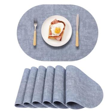 Imagem de Conjunto de 6 jogos americanos de couro, antiderrapante, oval, azul, sintético, impermeável, reversível, para mesa de jantar, protetores de mesa modernos