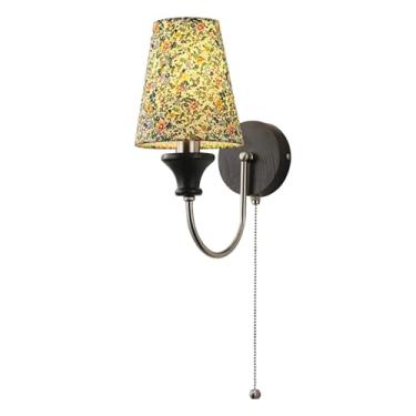 Imagem de Luminária de parede retrô de madeira maciça, decoração vintage para casa, com interruptor de corrente e abajur de tecido com padrão floral, luminária de parede de arte em madeira de nogueira