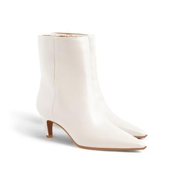 Imagem de Coutgo Botas de cano curto femininas gatinho salto baixo bico fino com zíper lateral sapatos de outono, PU branco creme, 41
