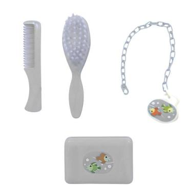 Imagem de Kit Banho Bebê Escova Pente Saboneteira E Prendedor Murano, Branco