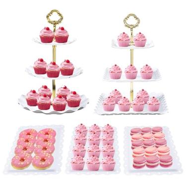 Imagem de Frigg Expositor de mesa de sobremesa, conjunto de 5 suportes de bolo, 2 peças de 3 suportes de cupcake em camadas e 3 bandejas de sobremesa para festas, chás de bebê, casamento, chá