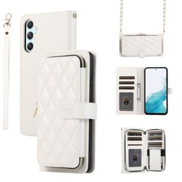 Imagem de Capa carteira para Samsung Galaxy A55 5G, bolsa flip de couro com zíper com suporte para cartão, capa de telefone à prova de choque com fivela magnética com corda de mão e corrente de couro para