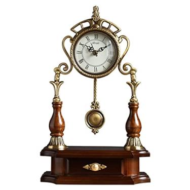 Imagem de Relógio de mesa de madeira maciça de estilo europeu com cobre, relógio de decoração de sala de estar, relógio de mesa retrô, relógio todo de cobre (cor: A, tamanho: 24 * 39 cm)
