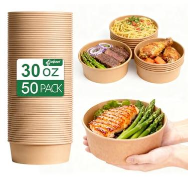 Imagem de 50 conjuntos de tigelas de papel redondas descartáveis com tampa de 850 g, recipientes para micro-ondas tigelas de açaí à prova de vazamento, tigela de salada com tampa para almoço, tigelas