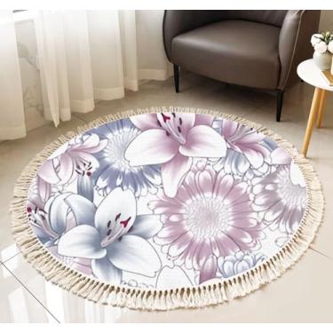 Imagem de Tapete redondo com franja colorida estampa floral sem costura laranja violeta lírios flores gerbera tapete de área boho borla linho tapete tecido à mão pátio corredor tapete decoração de casa sala de