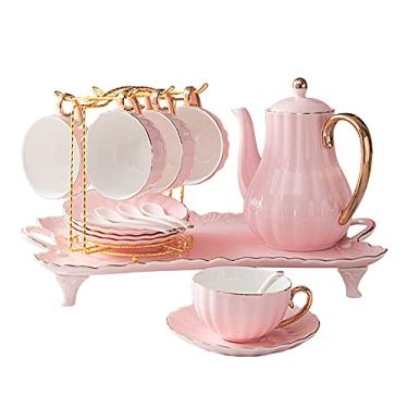 Imagem de Conjuntos de chá de porcelana rosa conjunto de xícaras de café e pires conjunto de xícaras de café com suporte de metal para mulheres e meninas