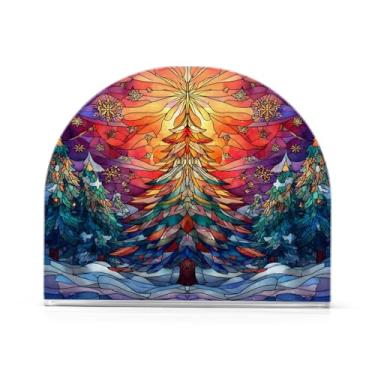 Imagem de Suporte de guardanapo de inverno de árvore de Natal de vitral para mesas porta-guardanapos de papel placa acrílica dispensador de coquetel de tecido independente para cozinha festa de jantar