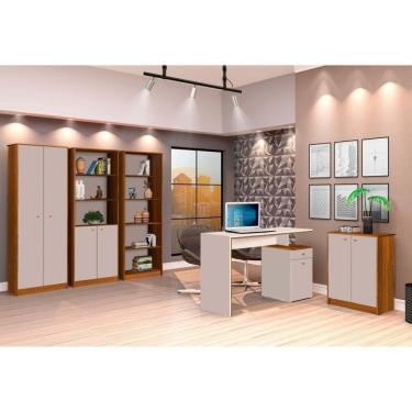 Imagem de Conjunto Home Office 3 Estantes Escrivaninha Com Balcão Completa J&A Móveis Freijó/Off White