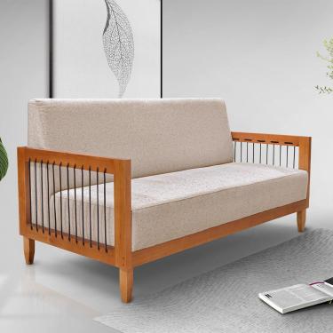 Imagem de Sofá Namoradeira 2 Lugares Sala de Estar Pés Madeira Maciça Corda Náutica Preta 160cm Manila Linho Areia Rústico G63 - Gran Belo