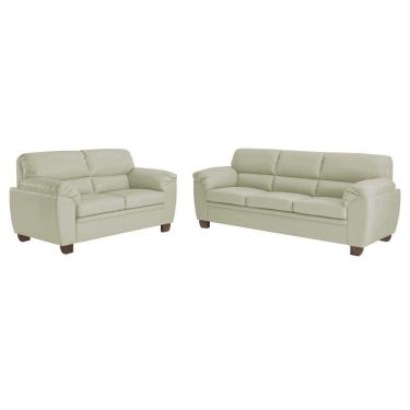 Imagem de Conjunto de Sofás 2 e 3 Lugares Sala de Estar Pés em Madeira Nauru Couro Off White - Gran Belo