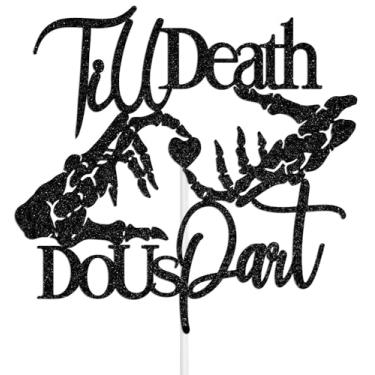 Imagem de Till Death Do Us Part Cake Topper, Gothic Bridal Shower Cake Decorations, Dark Themed Bachelorette/Engagement/Wedding Party Decoration Supplies, Skull Silhouette Decor Black Glitter