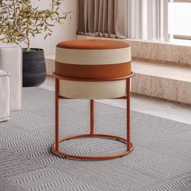 Imagem de Puff Aro Redondo Linho Bege E Couro Sintético Caramelo. 1uni.