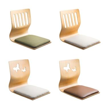 Imagem de Cadeira de chão com curva ergonômica de suporte para as costas, assento acolchoado de tatami, design sem pernas, banco de madeira, cadeiras de jogos, cadeira de sala de estar, 4 peças