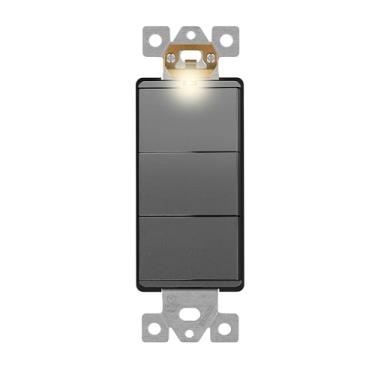 Imagem de LIDER Interruptor triplo iluminado com acabamento fosco de design minimalista, interruptor decorativo sem moldura com luz localizadora, terminal de terra, polo único, 15A 120V, listado na UL, LCS3