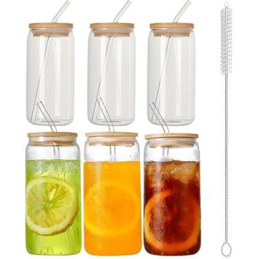 Imagem de Cazlangtvy Copos de bebida de 590 ml com tampas de bambu e canudo de vidro - pacote com 6 copos de vidro em forma de lata, copos de café de cerveja e gelo, copo fofo, ótimo para refrigerante boba chá