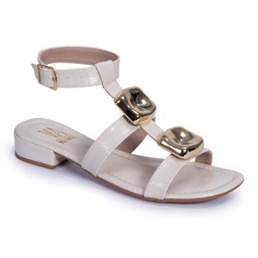 Imagem de Sandalia Salto Bloco Baixo Feminino Via Angel Enfeite Metalizado Fashion Confortável 9802 (Off-White, BR, Adulto, Numérico, 34)