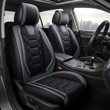 Imagem de Capas de assento de carro, couro sintético de couro sintético para carro, SUV, caminhonete, conjunto de ajuste universal para acessórios interiores automotivos (OS-004 par frontal, preto e cinza)