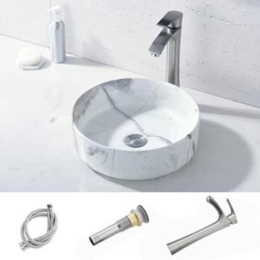 Imagem de Pia de vaso de banheiro com conjunto de torneira e ralo - HLBLFY 35,5 cm redondo preto branco revestido de mármore porcelana cerâmica pia pia pia de arte conjunto de torneira escovada