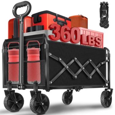 Imagem de Carrinhos de vagões dobráveis, 163 kg com alça ajustável, preto leve portátil, vagão dobrável para acampamento, compras, esportes, viagens, garagem e armazenamento de jardinagem com porta-bebidas