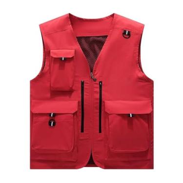 Imagem de Colete De Pesca Homem, Colete Utilitário Multibolsos Para Pesca Malha Respirável Sem Mangas Para Homem, Casaco Top Fotografia Caça E Caminhada De Primavera, Viagens E Mais(Red,3XL)