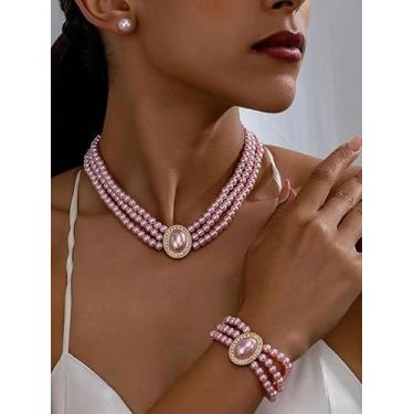 Imagem de Colar gargantilha de pérola sintética rosa em camadas e brincos conjunto de joias vintage étnico brincos de orelha corrente de clavícula estilo retrô acessórios de banquete de verão presente de festa