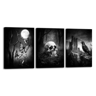 Imagem de RyounoArt Arte de parede gótica preto e branco crânio borboleta e corvo quadro pintura conjunto de 3 peças de fantasia sombria horror decoração de parede emoldurado 30,5 x 40,6 cm x 3 peças (pequeno)