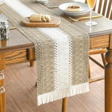 Imagem de Caminho de mesa boho cremoso e marrom estilo casa de fazenda borlas, decoração de mesa de cozinha, festa de casamento, jantar, decoração de aniversário 33 x 91 cm