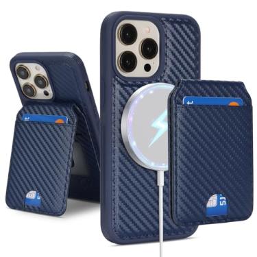 Imagem de Havaya Capa carteira compatível com MagSafe para iPhone 13 Pro Max - Capa magnética destacável 2 em 1, fibra de carbono texturizada, com compartimentos para cartões e carregamento sem fio - azul