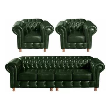 Imagem de Conjunto Sofá 4 Lugares E 2 Poltrona Chesterfield Luís Xv Vintage Retrô Capitonê Couro Verde