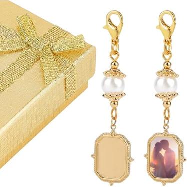 Imagem de 2 peças de pingente de foto memorial retangular de aço inoxidável com pérolas de água doce e caixas de colar para decoração de festa de chá de panela, ouro, bandeja de 60 mm: 14,5 x 10 mm